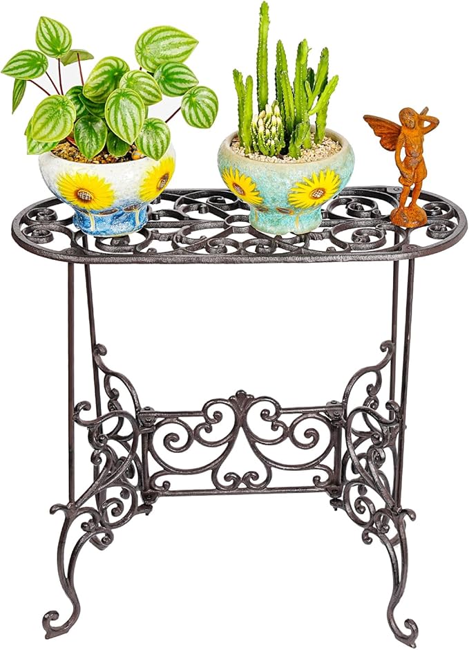 Sungmor Heavy Duty Cast Iron Potted Plant Stand Garden Table - 22.6IN. 1 Tier Metal Stands - Decorative & Vintage Style Indoor Outdoor Corner Shelf for Planters Vases Lanterns Ornaments Books and More