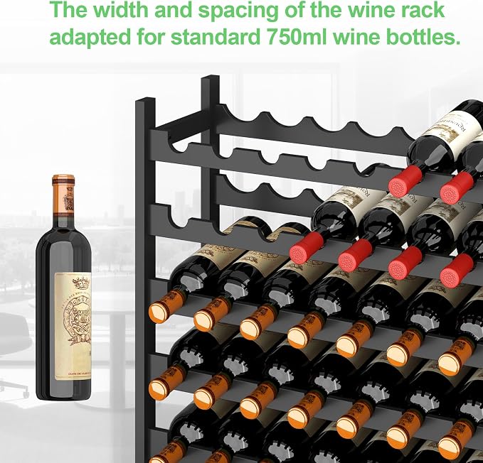 Bamboo Large Wine Rack, 8-Tier Freestanding Floor Bottle Storage Holder | 72-Bottle Storage | Wooden Wine Storage Organizer Shelves for Kitchen Bar, Cellar, & Dining Room | Black | Anti-Tip Kit