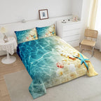 Ocean Comforter Set King Beach Bedding Coastal Nature Theme Pattern Teal Duvet Set Boys Girls Hawaiian Quilt Sets Sea Wave Animals Starfish Reversible Comforter Set 2 Pillowcases, Blue Room Decor