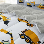 4-Pcs Construction Twin Size Boys Bedding Set, Kids Comforter Set for Teens with Sheets and Pillowcase, Soft Grey Tractor Cars Bed in a Bag Sets