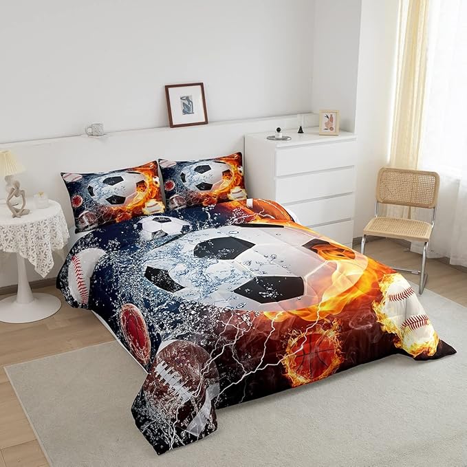 Erosebridal Boys Soccer Bedding Set Football Sports Queen Comforter Set for Kids Teens Youth Bedroom Decor Lightning Baseball Quilt Duvet Water Fire Basketball Comforter with 2 Pillow Cases Red Blue