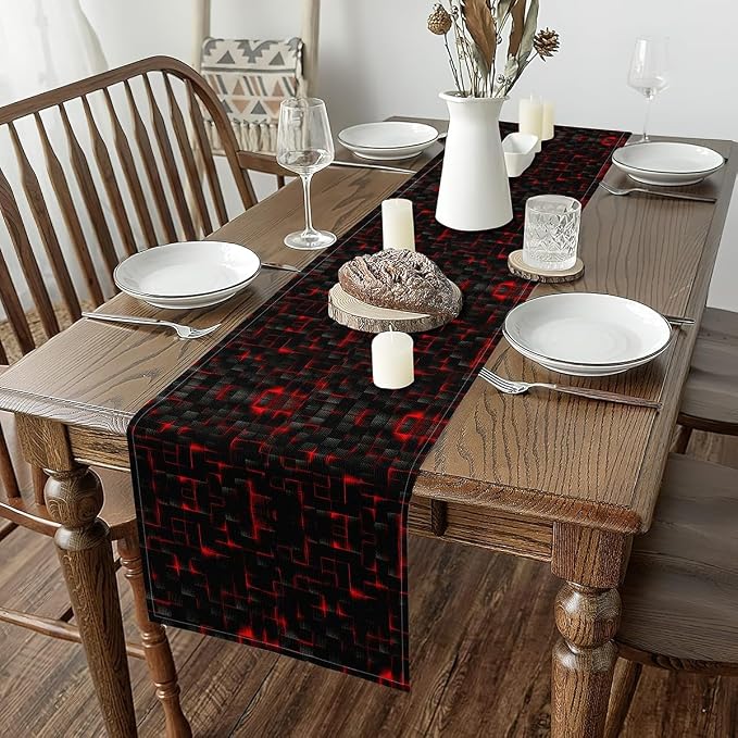 Feelyou Red and Black Table Runner 120x13 Inch Light Geometric Decorations Indoor Outdoor Party Supply Home Kitchen Dining Decor Dresser Scarfs Modern Style Home Decor for Living Room