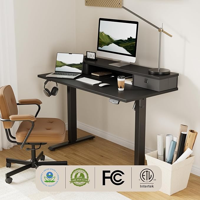 55 x 24 Inches Electric Standing Desk with 2 Storage Drawers, Stand Up Desk Adjustable Height, Sit and Stand Computer Table with Splice Board, Black