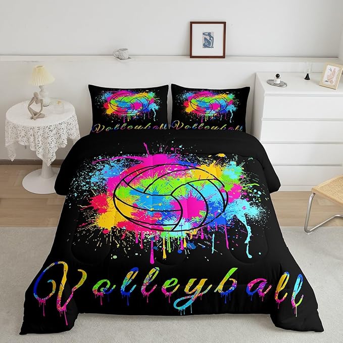 Kids Volleyball Comforter Set Full Size Sports Game Bedding Set for Boys Girls Teens Bedroom Decor Tie Dye Comforter Women Men Volleyball Player Duvet Set with 2 Pillow Case
