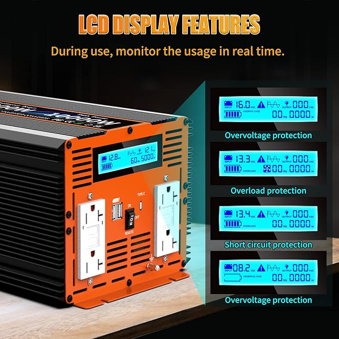 5000W Pure Sine Wave Power Inverter 12V DC to 110V 120V Converter for Family RV Off Grid Solar System Emergency Power Supply, Type-C Port 4 GFCI AC Outlet Dual USB Remote Control and LCD Display