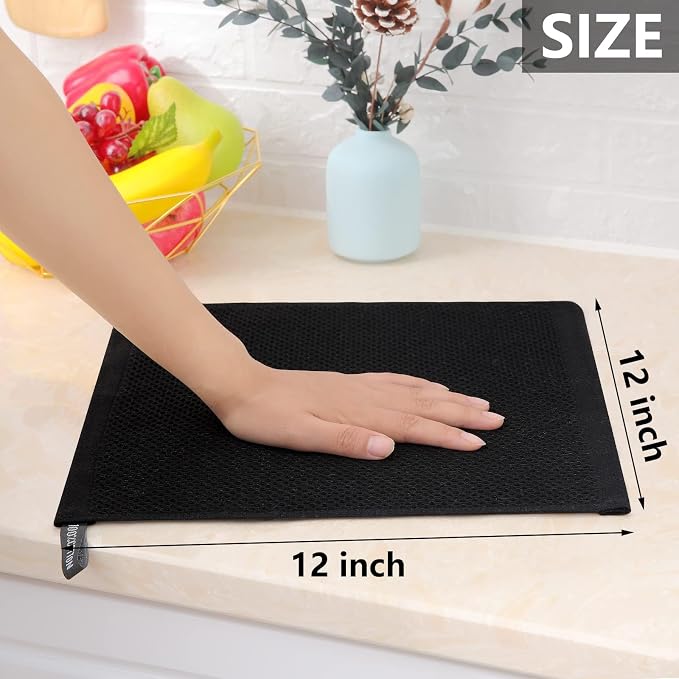 Homaxy 100% Cotton Waffle Weave Kitchen Dish Cloths, 7-Pack, Black | 12 x 12 Inches, Ultra Soft Absorbent Dish Towels, Quick Drying Dish Rags with Hanging Loop