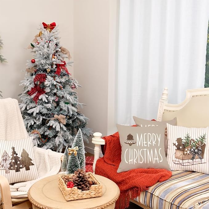 GEEORY Christmas Pillow Covers 20 x 20 Inch Set of 4, Striped Wooden Tree Snow Sleigh Merry Bright Xmas Holiday Decor Decorative Throw Cushion Case Decoration for Home Party Sofa Couch (Brown)