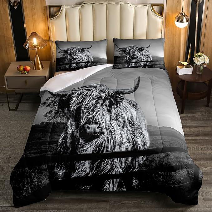 Highland Cow Bedding Set Twin Size Grey Bull Cattle Comforter Set Funny Farmhouse Wildlife Animal Duvet Set for Kids Boys Girls Teens Western Cowboy Style Down Comforter Adult Bedroom Decor