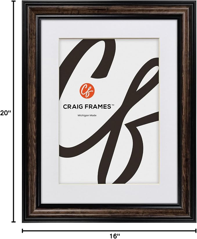 Craig Frames 16x20 Walnut Picture Frame, Matted to 11x14, 2 Inch Wood | Shatter resistant acrylic, white mat included, gallery wall decor, made in the USA