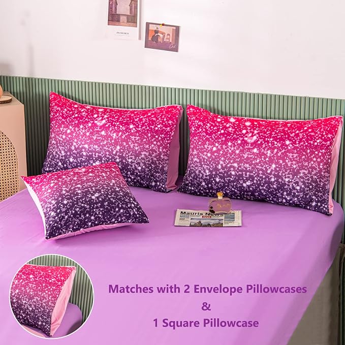 PERFEMET Purple Comforter Set Full Size - 6Pcs Colorful Rainbow Girls Bedding Set - Sparkly Pastel Ombre Bed in A Bag - (1 Comforter, 1 Flat Sheet, 1 Fitted Sheet, 2 Pillowcases, 1 Cushion Cover)