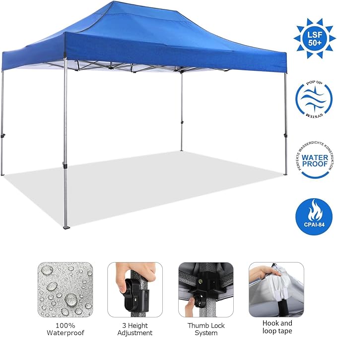 COBIZI 10x15 Pop Up Canopy Without Sidewall,Heavy Duty Canopy UPF 50+ All Season Wind Waterproof Commercial Outdoor Wedding Party Tents for Parties Gazebo with Carry Bag(10 x 15 ft Blue)