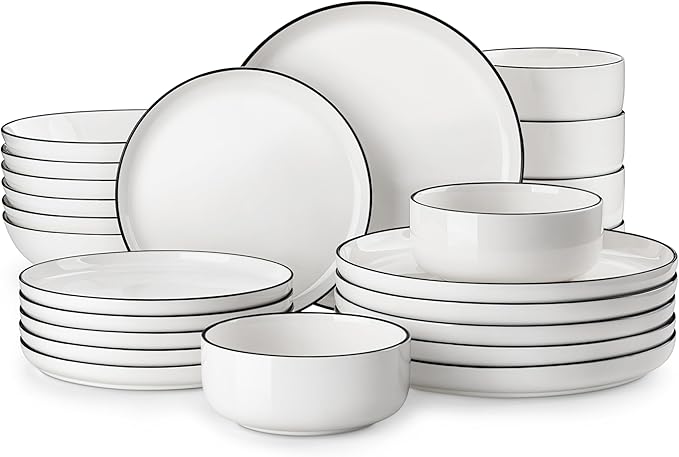 MALACASA 24 Pcs Porcelain Plates and Bowls Sets,Dinnerware Set for 6,White | Modern Ceramic Dishware Set,Kitchen Dining Ware,Microwave and Dishwasher Safe,Simple White with Black Trim Design,Series LUNA