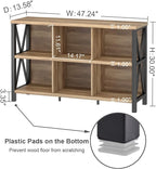FATORRI 6 Cube Storage Organizer with Shelf, Long Wood and Metal Cubby Bookcase, Industrial Horizontal Bookshelf (Rustic Oak, 47 Inch)