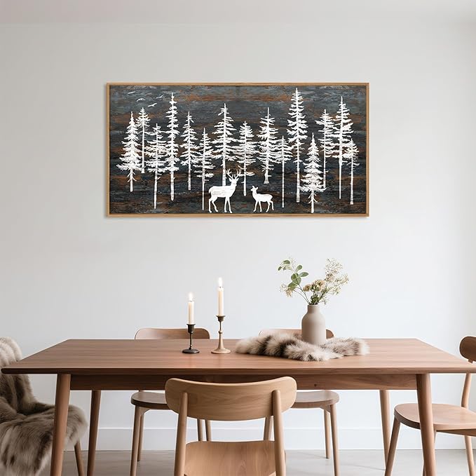 Modern White Forest Framed Canvas Wall Art Set, Minimalist Woodland Art Painting, Retro Tree Landscape Wall Decor, Wildland Deer Artwork for Living Room, Dining Room, Office - 20"x40"