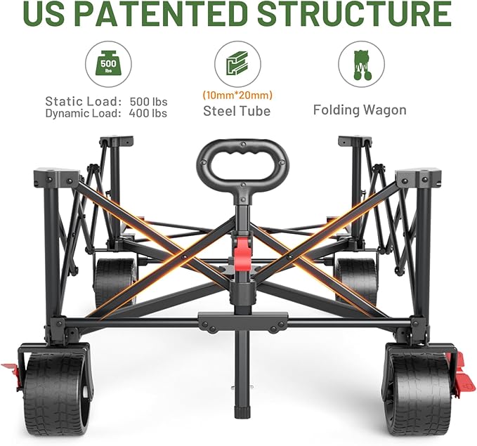 TIMBER RIDGE 600L Beast Wagon 26" W Extra Wide All Terrain Folding w/Big Wheels, Cargo Net & Tailgate, 26" W and 55.25" L, Capacity and 400lbs Heavy Duty Collapsible Portable Cart, Grey