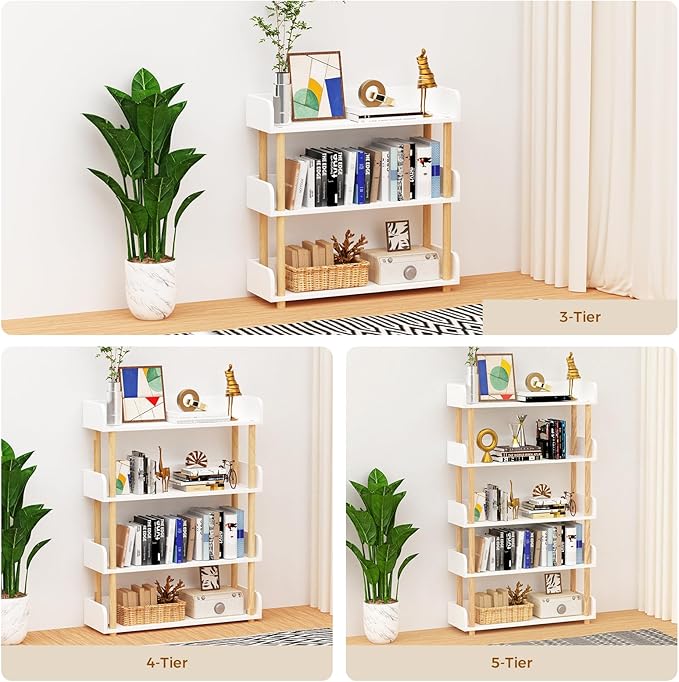 3-Tier Wooden Bookshelf, Modern Open Bookcase with Top Edge and Solid Wood Frame, Freestanding Bookshelf Storage Organizer for Home Office Living Room