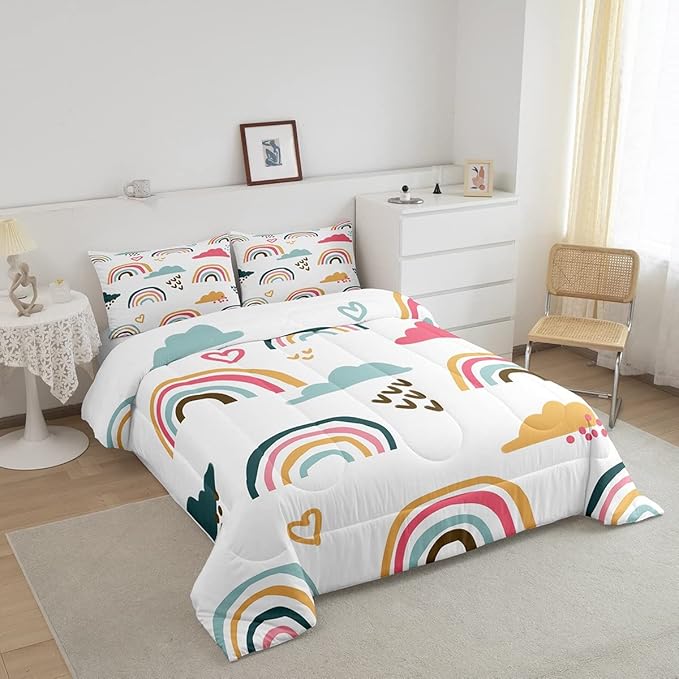 Rainbow Comforter Set Full for Kids Girls Child,Colorful Girly Rainbow Bedding for Girls Bedroom,Cartoon Sun and Star Inner Fill Graffiti Striped Painting Quilt with 2 Pillow Shams Home Room Decor