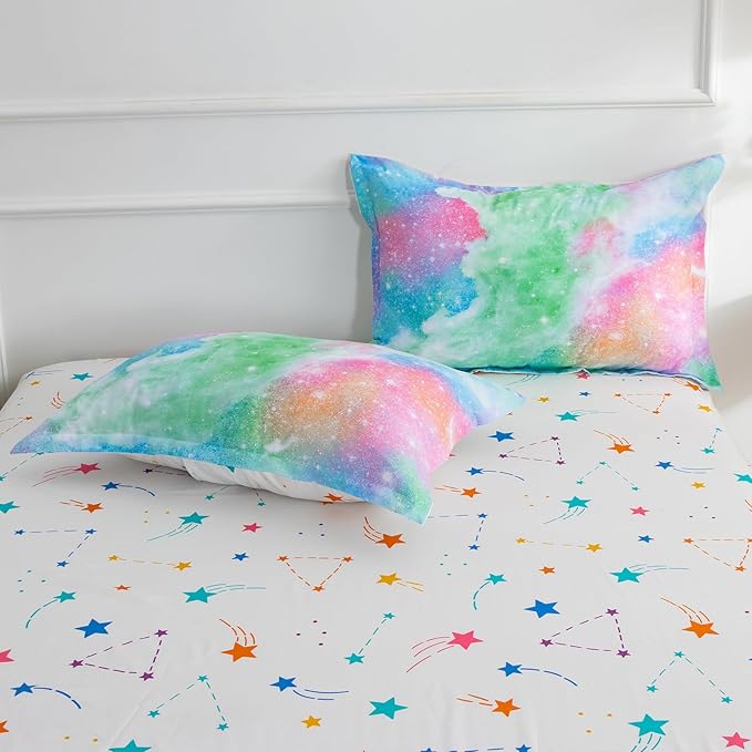 A Nice Night Galaxy 6pcs Kids Bed in a Bag Outer Space Comforter 3D Printed Space Quilt Set Glitter Pink Green Color,for Children Boy Girl Teen Kids,Queen