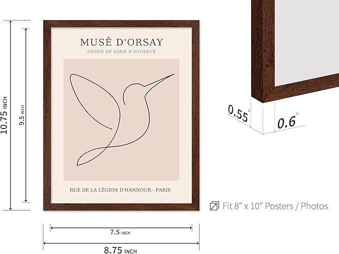 Poster Master Vintage Poster - Retro One Line Hummingbird Drawing Print - Bird Line Art - Minimal Gift for Him, Her, Animal Lover - Abstract Decor for Home, Office, 11x14 Brown Framed