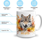 Hyturtle Personalized Fall Wolf Coffee Mug, Fall Autumn Décor | Birthday Gifts For Wolf Lovers - Wolves Gift Ideas For Farmhouse Thanksgiving - Custom Name 11oz White Ceramic Coffee Tea Mug
