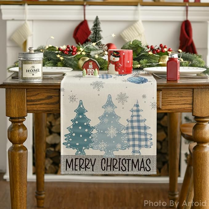 Artoid Mode Blue Pine Trees Merry Christmas Table Runner, Winter Xmas Holiday Kitchen Dining Table Decoration for Home Party Decor 13x60 Inch