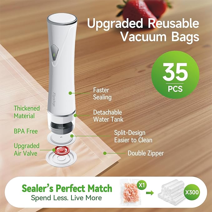 Handheld Vacuum Sealer, Premium Vacuum Sealer for Food + 35 Reusable Sous Vide Bags, Powerful Vacuum Food Sealer for Kitchen, Home, BBQ, Travel