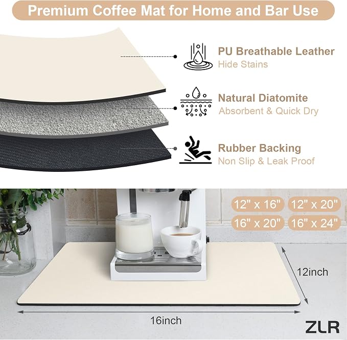 ZLR Coffee Bar Mat for Keurig & Nespresso, 12"x16" Small, Creamy | Absorbent Dish Drying Mat, Stain-Hiding PU Leather Top, Non-Slip Rubber Back, Heat-Resistant, Fits Frother & Pour-Over