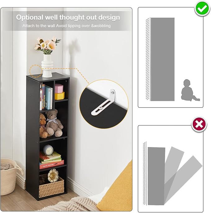 VECELO 4-Tier Slim Bookcase, Modern Storage Cabinet, Slim Bookshelf, Fits Tallest Hardcover, 5 Cubes, Vertical or Horizontal, Easy Assembly, Black