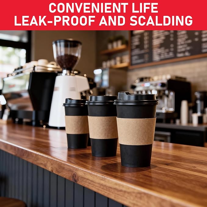 Coffee Cups with Lids 16 oz 100 Pack, Sleeves and Stirring Sticks, Black Disposable Hot Paper Cups with Lids, To Go Cups, for Parties, Picnic, Travel, and Events