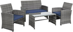 Shintenchi 4-Piece Outdoor Gray Wicker Patio Conversation Furniture Set, Rattan Patio Furniture Set with Weather Resistant Cushions and Tempered Glass Tabletop,Navy Blue