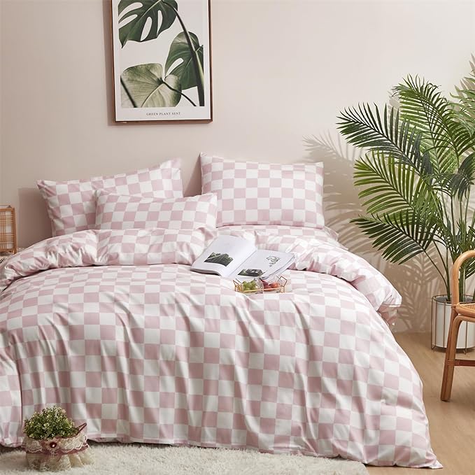 Pink White Grid Comforter Set Twin Pink Plaid Bedding Set Girls Pink and White Checkered Bed Comforter Set Breathable Blanket Set Kids Durable Bedding Comforter Set