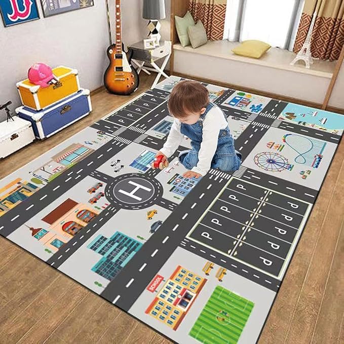 Kids Rug Play Mat Great for Playing with Cars and Toys,Educational Kid Road and Traffic City Life Carpet,Children Baby Fun Throw Rug for Bedroom Play Room,71X106Inch/180X280CM