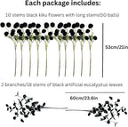 RyddeligHome Black Artificial Flowers for Centerpieces Bulk 10 Long Stems /50 Small Faux Silk Mum Balls + Black Eucalyptus Stems 2 Branches, Fall Boho Halloween Home Decor Indoor, Gothic Flowers