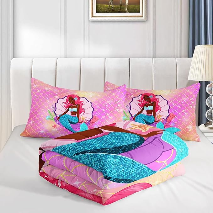 Datura home Bedding Comforter Set Black Girl Magic Mermaid Printed Pattern Quilt with 1 and 2 Pillowcases for Girls Bedroom All Season(Black Pink Queen) Queen 90x90inches