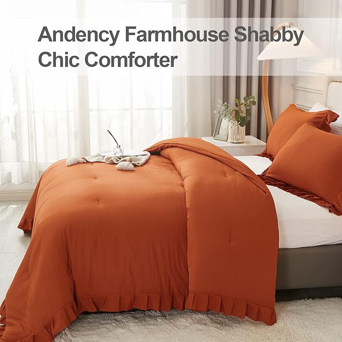 Andency Terracotta Ruffle Comforter Queen(90x90Inch), 3 Pieces(1 Ruffled Comforter and 2 Pillowcases) Solid Farmhouse Shabby Chic Comforter, Vintage Rustic Soft Microfiber Bedding Set