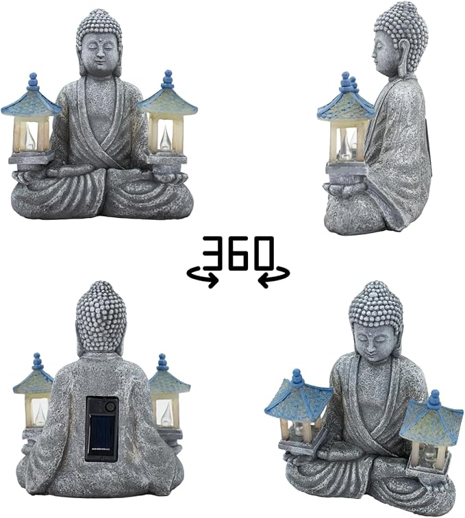 Meditating Buddha Statue with Solar Lights, Zen Garden Decor for Home, Patio, Yard, Outdoor – Unique Gift for Women and Friends(Two Pavilions)