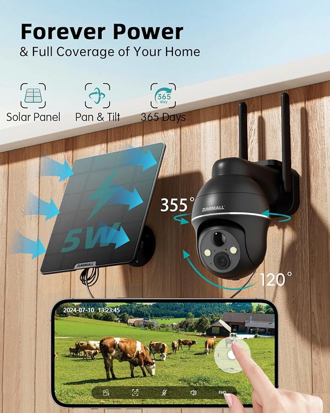 ZUMIMALL 4G LTE Cellular Solar Security Camera Wireless Outdoor, 2K No WiFi Security Camera Solar Powered with Color Night Vision, 2-Way Talk, Motion Alert, Cloud, SIM Included（US Version）