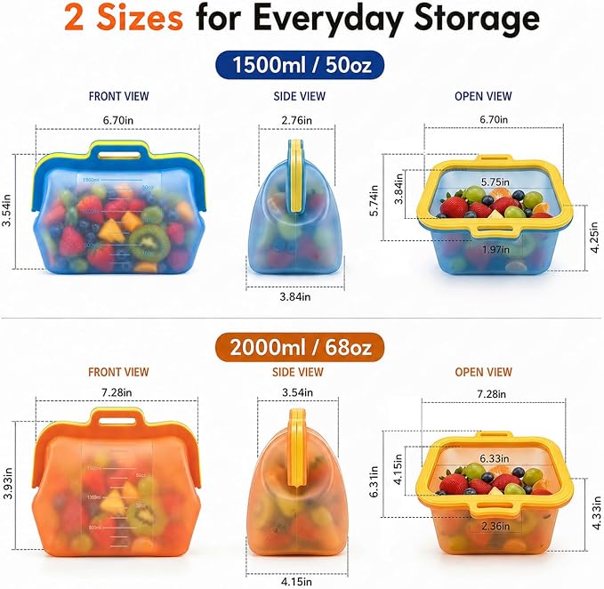 Magnetic Seal Reusable Silicone Food Storage Bag, 68 oz, NUZEAK | Magnetic Fast Seal, Stand-Up Freezer Bag for Food, Fruit, Snacks, Sandwiches and Meal Prep, Dishwasher Safe, 1 Pack