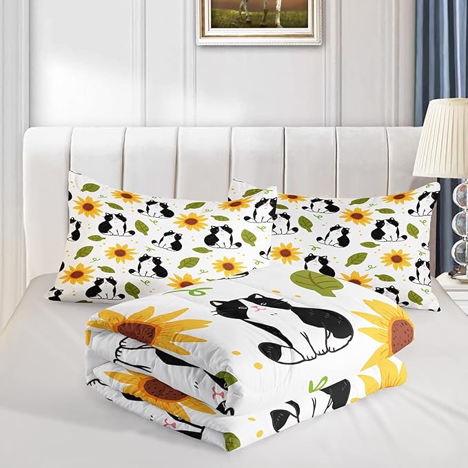 Kawaii Cat Comforter Twin Size,Sunflower Cat Comforter Set for Kids Teens Girls Boys,3Pcs Bedding Set Printed Comforter with 2 Pillowcases,Down Alternative,Soft and Lightweight，Twin Size