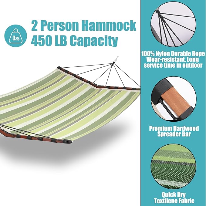 TegerDeger 12FT 2 Person Hammock Large Hammock Quick Dry 450LB Capacity with V Shaped Hardwood Spreader Bar & Nylon Rope for Outside, Patio, Garden, Backyard, Beach, Poolside - Tender Green Stripes