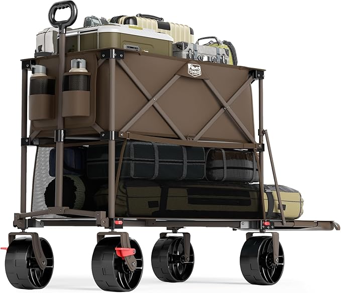 TIMBER RIDGE 400L Large Capacity Folding Double Decker Wagon with Brakes, 54" Extra Long Extender Wagon Cart, 450lbs Heavy Duty Collapsible Cart, All-Terrain Big Wheels for Camping, Sports, Shopping