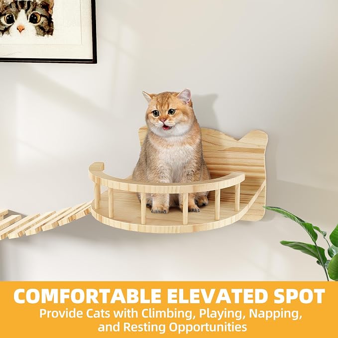 Cat Wall Shelves, 18-in-1 Cat Wall Furniture Set w/Tunnel & Bridge | Multi-Level Floating Cat Shelves for Space Saving, Solid Wood Cat Climbing System with Scratching Posts, 2 Condos, Burlywood