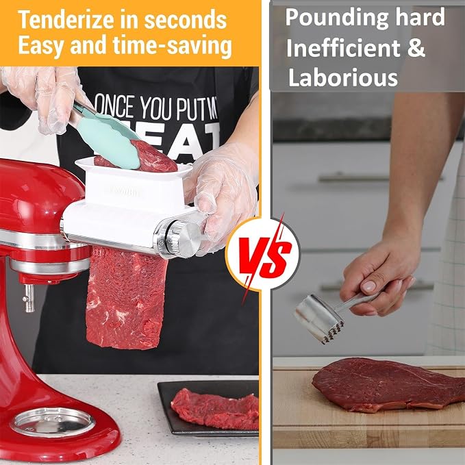 FavorKit Adjustable 3 Thickness Meat Tenderizer Attachment for Kitchenaid Mixers, Dishwasher Safe Durable Metal Housing & Plastic Rollers/Gears Accessories - White