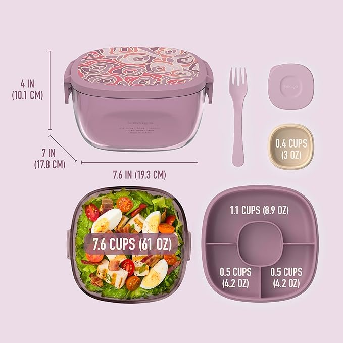 Bentgo Glass Prints All-in-One Salad Container - 61oz Tinted Glass Salad Bowl with Lid, Bento-Style Tray, Sauce Container, & Reusable Fork - Dishwasher & Microwave Safe (Floral Maximalist - Bouquet)