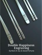 ONGI Korean Spoon and Chopstick 2 Set – Premium 18/10 Stainless Steel – Double Happiness Design – Gift-Ready – Made in Korea – Dishwasher Safe (Hee Pattern Silver 2 Set)