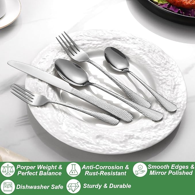 20 Pcs Silverware Set for 4 with Hammered Design, Food Grade Stainless Steel Flatware Set, Eating Utensils Sets Include Fork/Knife/Spoon, Reusable Cutlery Set, Dishwasher Safe