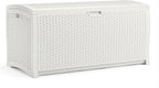Suncast 99 Gallon Wicker Horizontal Outdoor Deck Box with Hinged Lid, Water-Resistant Storage Solution for Patio, Deck, Yard, and Garage, White, Made in the USA