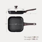 SENSARTE Nonstick Grill Pan with Lid, Grill Pan for Stove Tops, Versatile Griddle with Pour Spouts, Square Big Cooking Surface, Durable Skillet Indoor & Outdoor Grilling. PFOA Free, 9.5 Inch