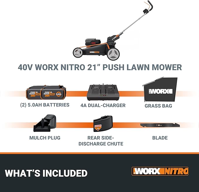 WORX Nitro 40V 21" Cordless Lawn Mower w/Aerodeck & Intellicut, Brushless Electric Mower Up to 1/2 Acre, Push Lawn Mower w/ 7-Position Height Adjustment WG752 – Batteries & Charger Included