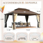 YOLENY 12'x16' Hardtop Gazebo, Wood Grain Aluminum Frame Outdoor Gazebo with Galvanized Steel Roof, Permanent Metal Pavilion with Curtains and Nettings for Patio, Backyard, Deck and Lawns